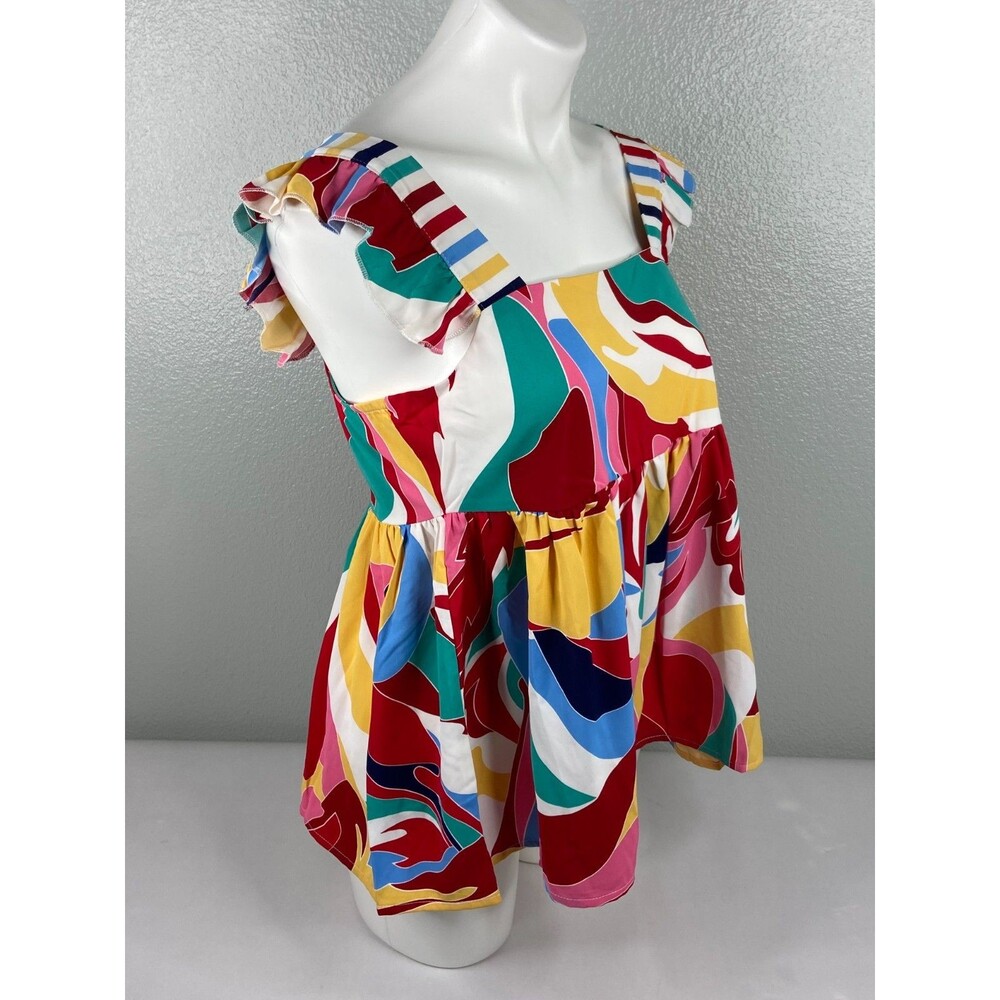 Women Small Abstract Babydoll Top Bright Multi Color Boho Casual NWT - Picture 3 of 9